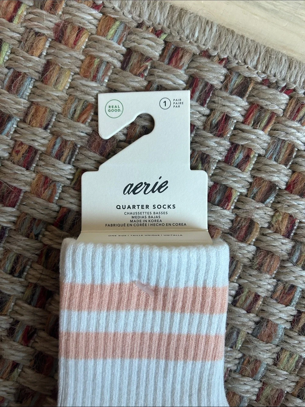 aerie White Socks with Peach Stripes and Rust Heel